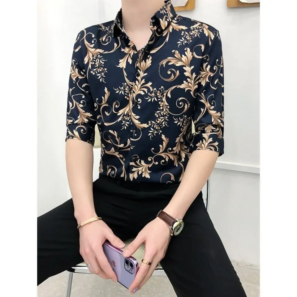 Summer Printed Shirt Men's Floral Short Sleeve Shirt Slim Fit Korean Version Trend Handsome Personality Half Sleeve Shirt