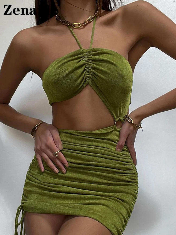 

Женское облегающее мини-платье Zenaide, зеленое платье на завязках с рюшами и открытой спиной, летнее Клубное пляжное платье с лямкой на шее, 2022