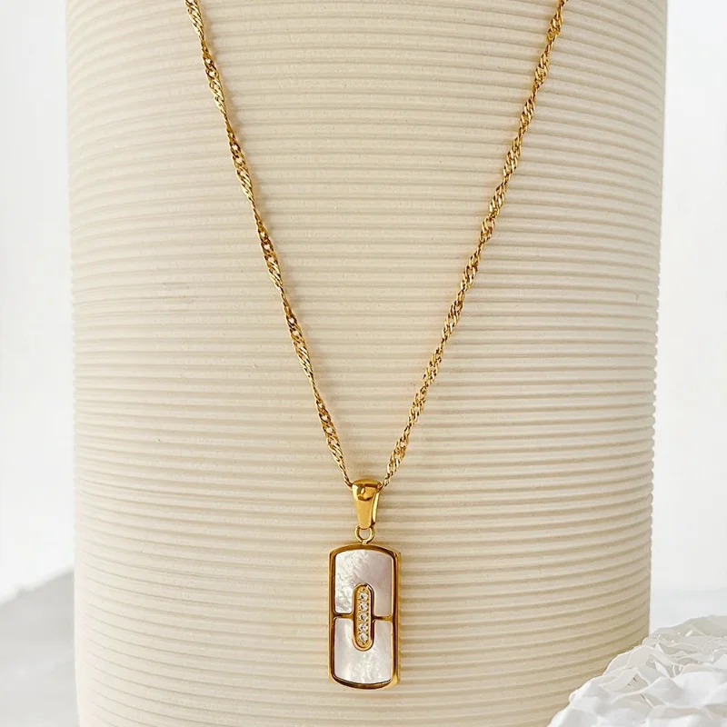 

Minar Stylish White Shell Rectangle Pendant Necklace for Women 18K Gold Plating Stainless Steel Twisted Chain Choker Necklaces
