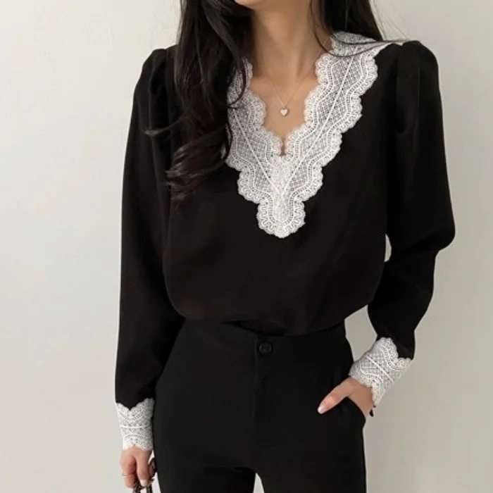 

Женская блузка корейский шик новый дизайн чувственный кружево Сращивание V-образный вырез рукав рубашка Стильный Топ