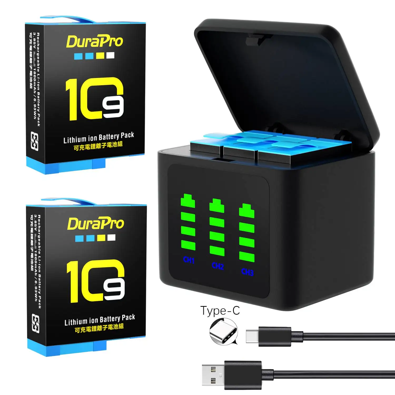 Аккумулятор DuraPro 1800 мАч для GoPro hero 10 + зарядное устройство со светодиодами на 3