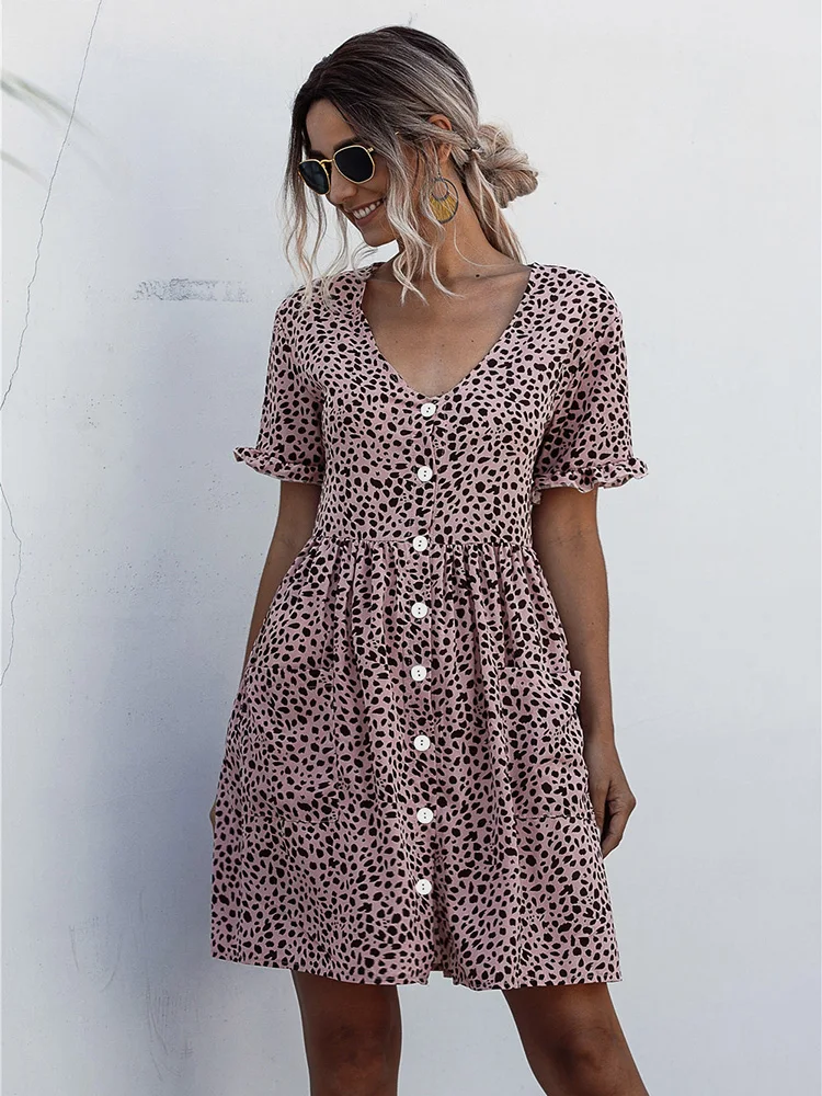 Summer Elegant Floral Print Loose Mini Dress for Women Casual V-Neck Button Ruffles Vintage Dress Female Holiday Party Dresses