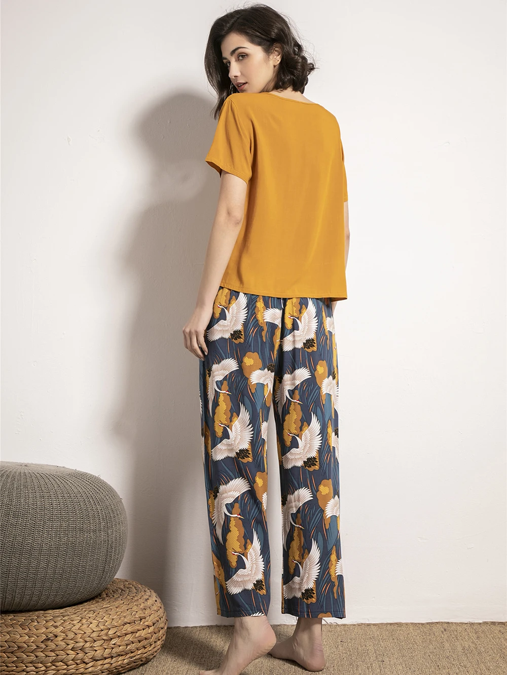 Women's Loungewear Pajamas Set Short Sleeve Nightwear Pants Sleepwear Fashion Yellow Print Floral Loose Comfort Homewear