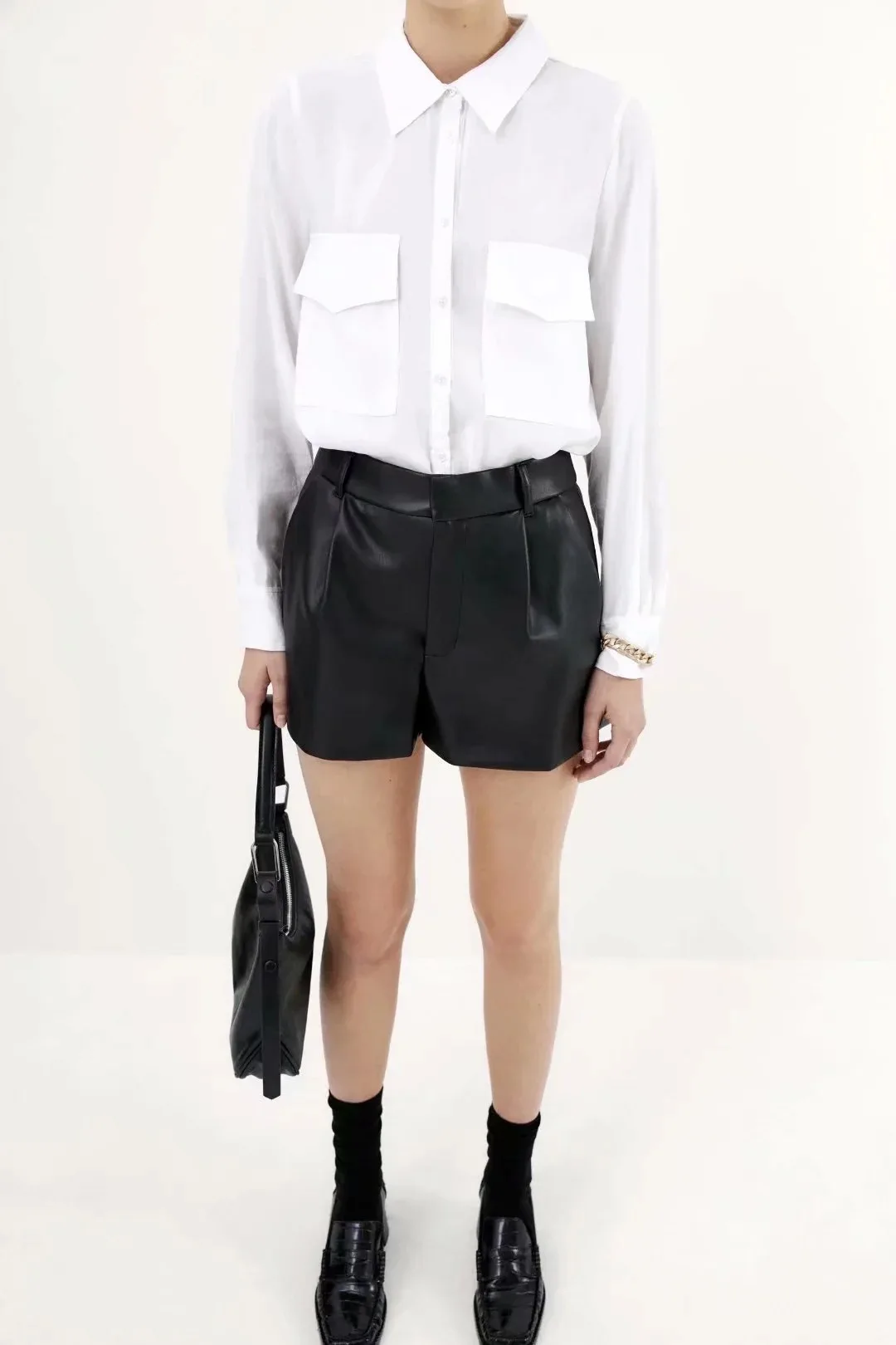 2023 Women's Shorts Vintage PU Leather Shorts High Waist Undefined Drapped Trousers Female Office Wear Shorts