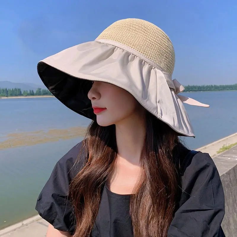 

Summer Women Sun Protection Empty Top Big Brim Visor Hat Vinyl Foldable Hairpin Shell Sun Hat