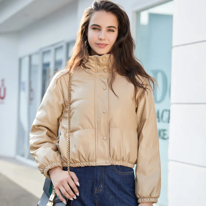 Autumn  Winter Down Cotton Jacket Women's Faux Leather Jacket St Collar Zipper Short Bread Jacket Loose Leather Short Clothes