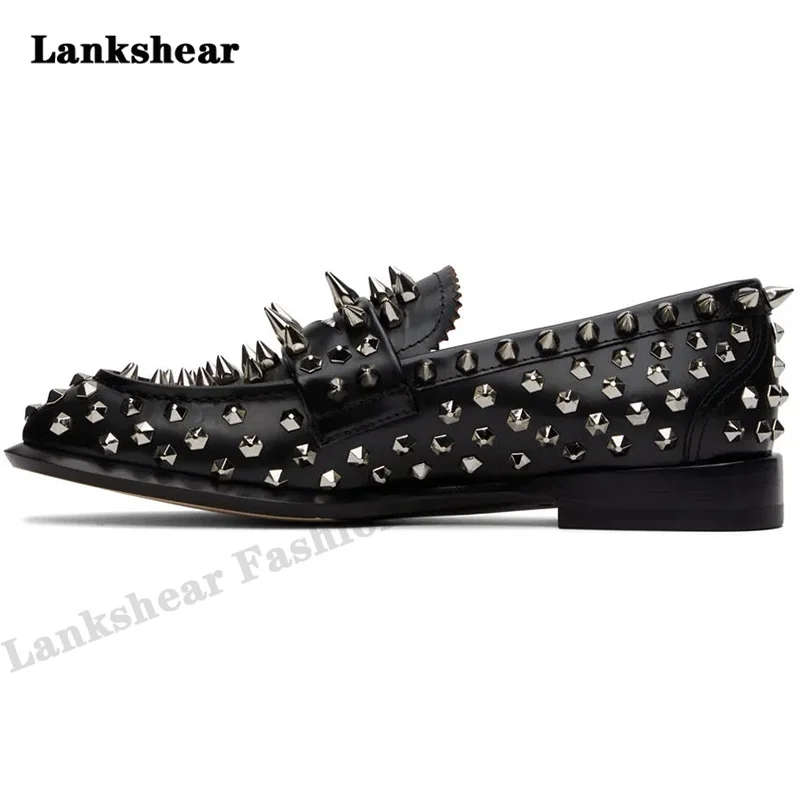 Newest Fashion Men Handmade Rivets Spike Shoes Black Loafers Shoes Runway Studs Party Wedding Shoes British Style Men's Pumps