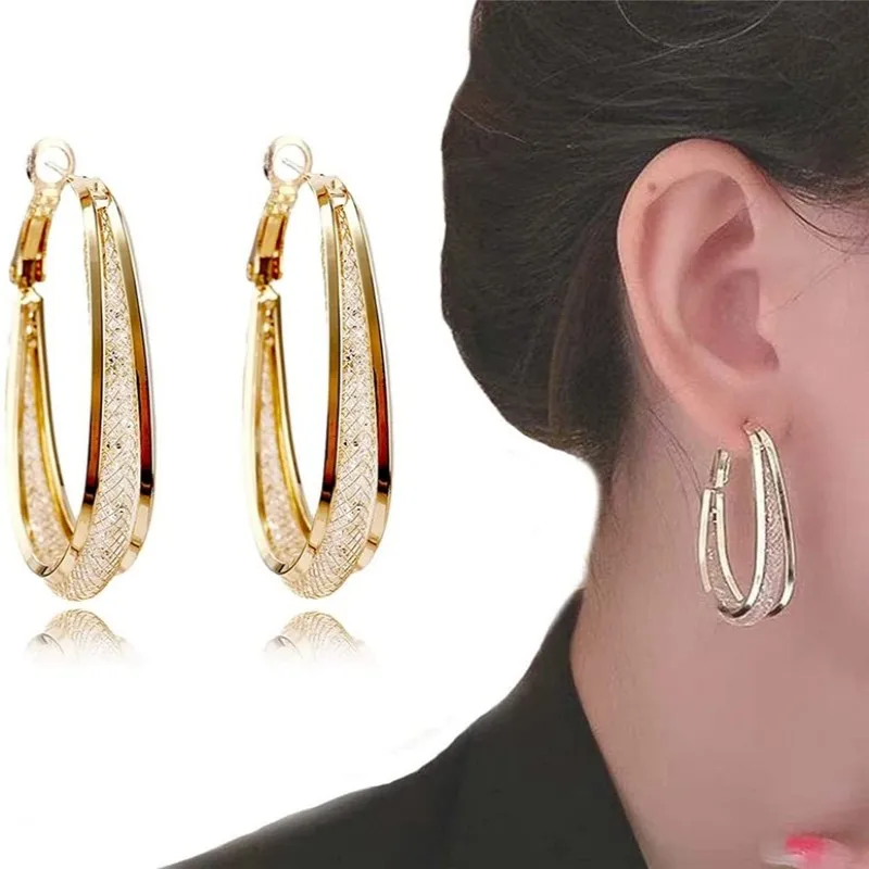 

New Woven Mesh Piercing Big Oval Hoop Earrings for Women Gold Plated Dangle Earring Valentines Day Gift Accessories Ear Jewelry