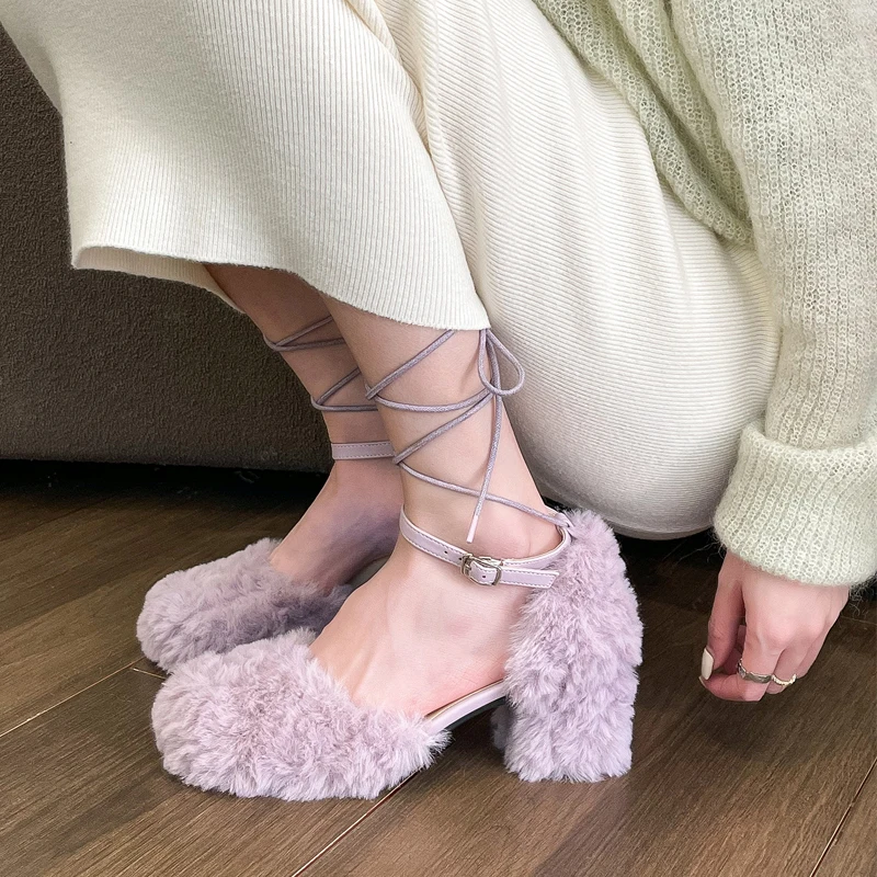 

Женские босоножки на шнуровке и меху, Розовые босоножки на пушистых каблуках, вечерние классические туфли большого размера