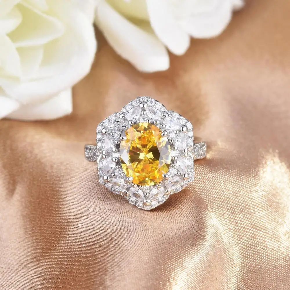 HOYON 18K White Gold Color Inlaid Zircon Earrings Luxury Full Diamond Style Citrine Treasure Full Diamond Open Adjustable Ring