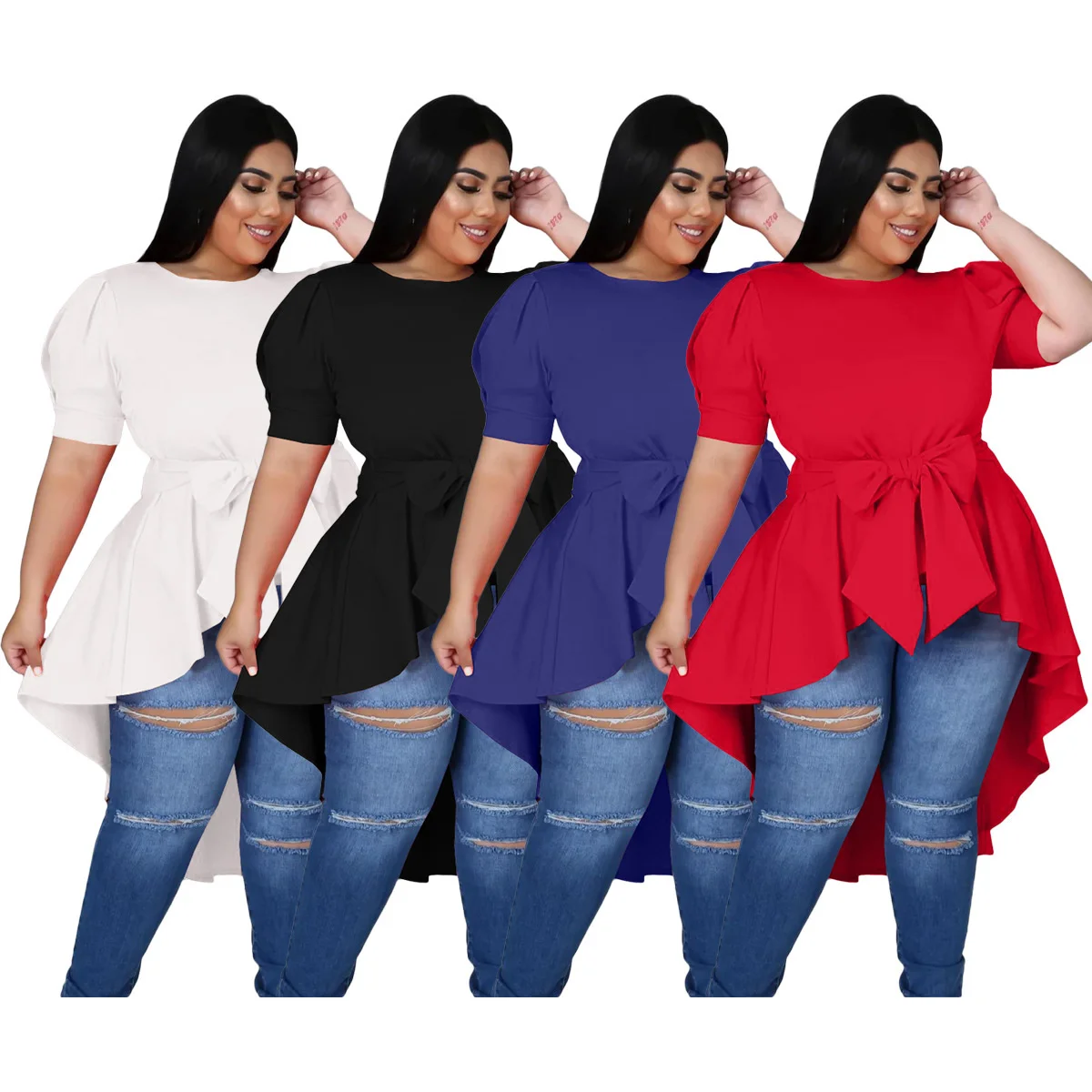 Women's Plus Size Dresses Fashion Bow Irregular Dress Elegant Solid Color Large Size Female Short Sleeve T-shirt Casual Commuter