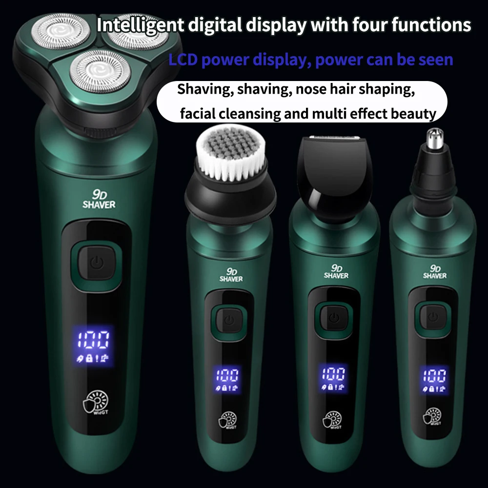Green 4In1 Smart Electric Shaver Men's LCD Digital Display Three-head Floating Razor USB Washing Multi-function Fast Beard Knife