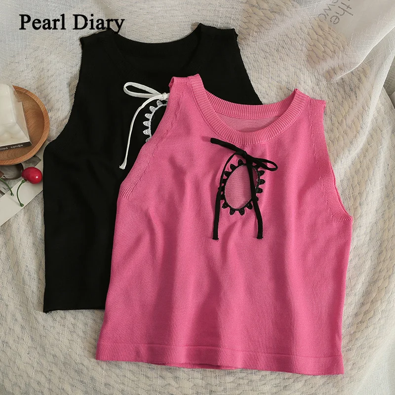 

Pearl Diary Bowknot Frenulum Hollow Out Crop Tops Thin Sexy Backless Knitting Small Vest Summer New Style Short Top Women