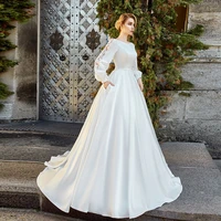 exquisite satin white princess wedding dress long sleeves with lace formal bridal gown pocket scoop neck plus size mariee robe