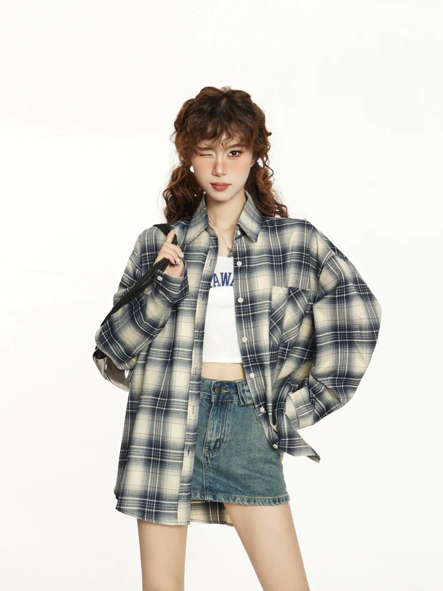 Американские клетчатые рубашки с длинными рукавами Верхняя одежда Женская весна