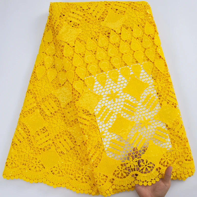 

Yellow African Guipure Lace Fabric With Sequins Nigerian Cord Lace Fabric 2023 5 Yards For Women Wedding Party Dress A3166