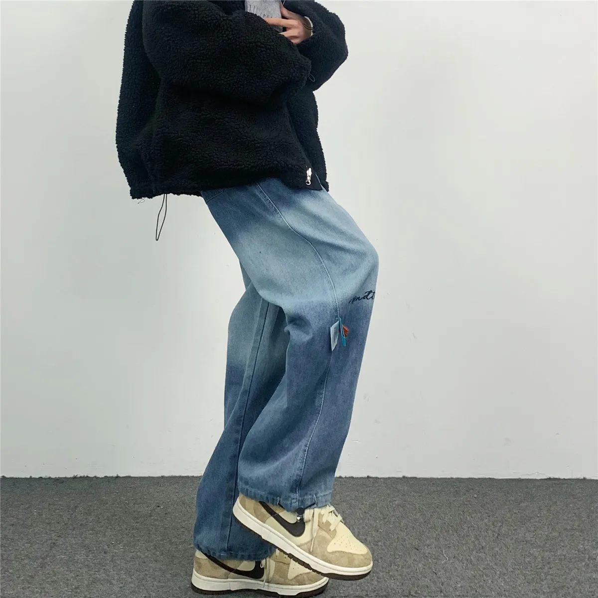 Men Jeans Ins Drawstring Design Letter Printing Color Gradient Loose Straight Jeans Y2k Fashion Street Jeans Ins Hot Sale Casual