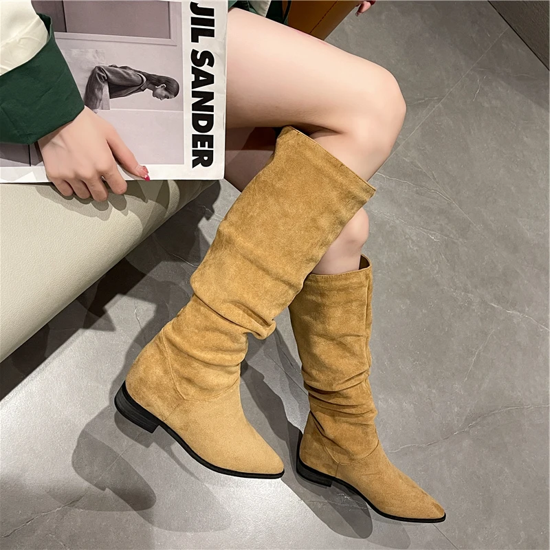 

2022 Women's Flock Plush Padded Winter Long Riding Motorcycle Boots Shoes Women Lace Nubuck Flat Heels Winter Snow Boots Shoes
