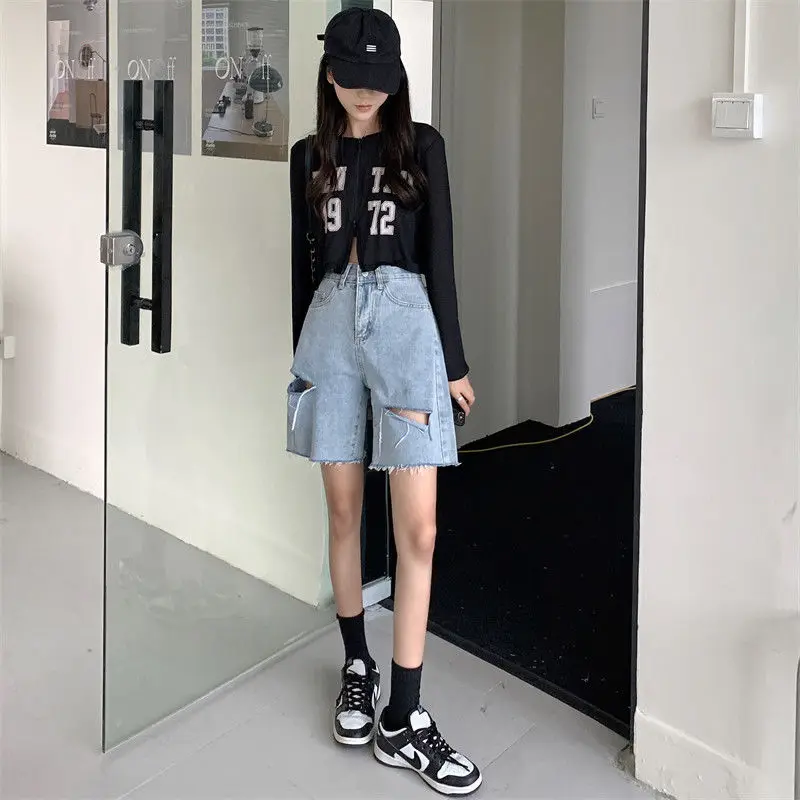 Casual Ripped Five-point Pants Women Summer Loose Thin Large Size Button Zipper Fly Straight High Waist Denim Shorts Girl Tide