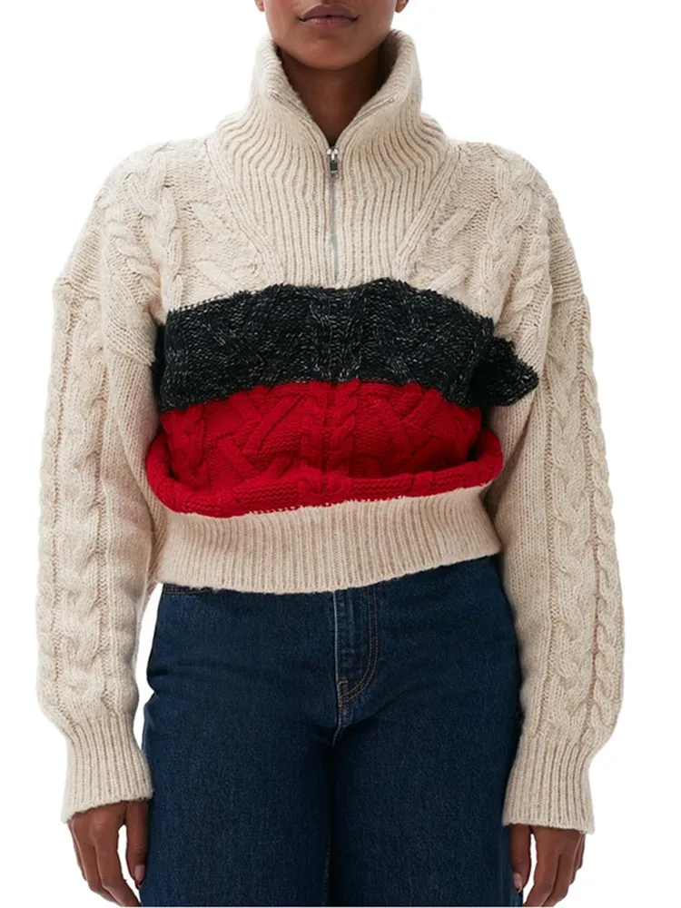 

Women Color Patchwork Twisted Sweater Zipper Half-Turtleneck 2023 New Early Spring Lady Vintage Long Sleeve Knit Pullover Tops