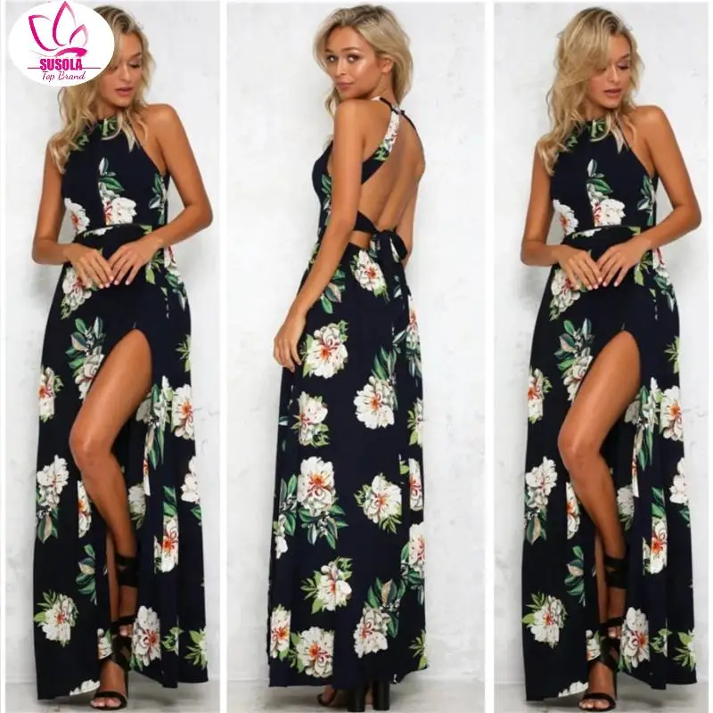 

Bohemian style Womens Long Dress Summer Print Backless Halter Maxi Evening Party Beach Floral Dresses H20