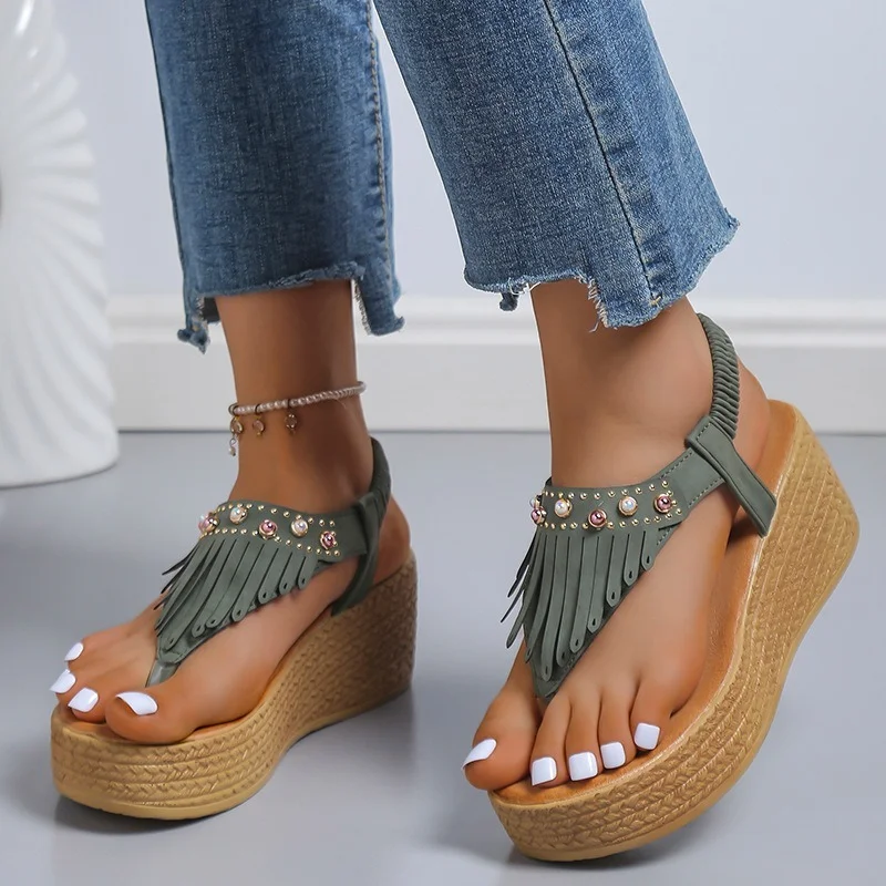 

2022 New Wedge Heel Women Sandals Fashion Tassel Thong Women Sandals Comfortable Platform High Heel Women's Shoes Chunky Heels