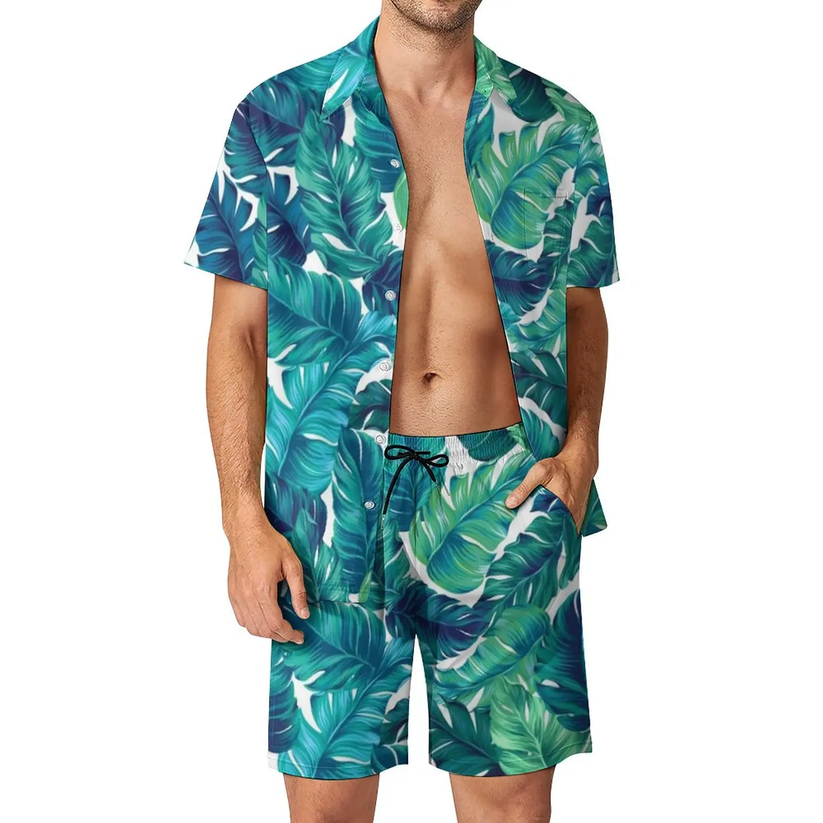 

Juicy Banana Leaves Men Sets Tropical Print Casual Shorts Summer Aesthetic Outdoor Shirt Set Short Sleeves Big Size Suit Gift