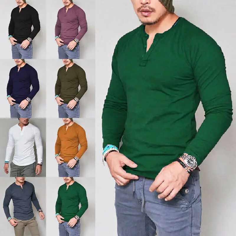 

Men Casual Tshirts Long Sleeve Cotton T-Shirt Solid Color Stylish Slim Fit Button Up Tops Blouse Muscle Tees 4XL