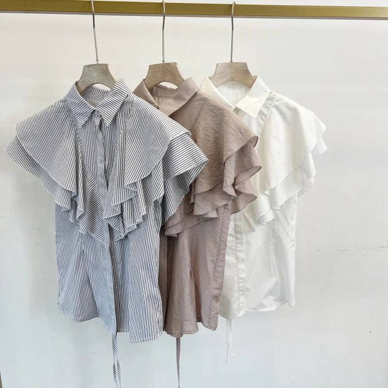 Женская блузка без рукавов Kuzuwata летняя японская рубашка с оборками лацканами