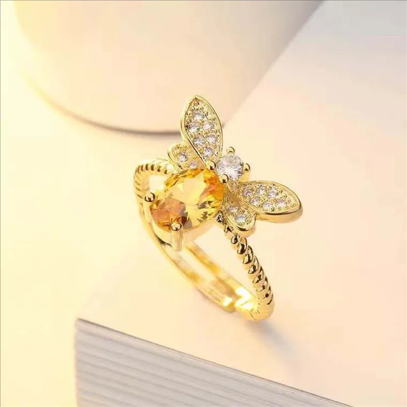 

Lovely Yellow Crystal Bee Open Ring For Women Girls Party Wedding Engagement Animal Rings Female Adjustable Hand Jewelry