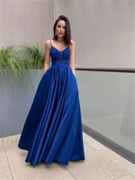 formal party dresses evening women wear 2022 spaghetti straps lace top prom gowns with pockets ruched satin robe de soiree