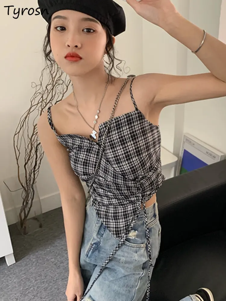 

Camisole Women Asymmetrical Retro Plaid Simple All-match Slim Cropped Sexy Daily Streetwear Korean Style Leisure Ladies Summer