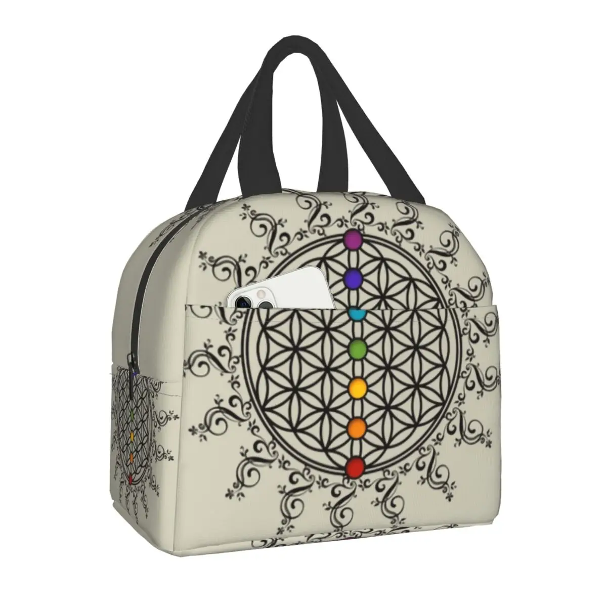 

Flower Of Life Chakra Thermal Insulated Lunch Bag Women Mandala Portable Lunch Tote Kids School Children Multifunction Food Box