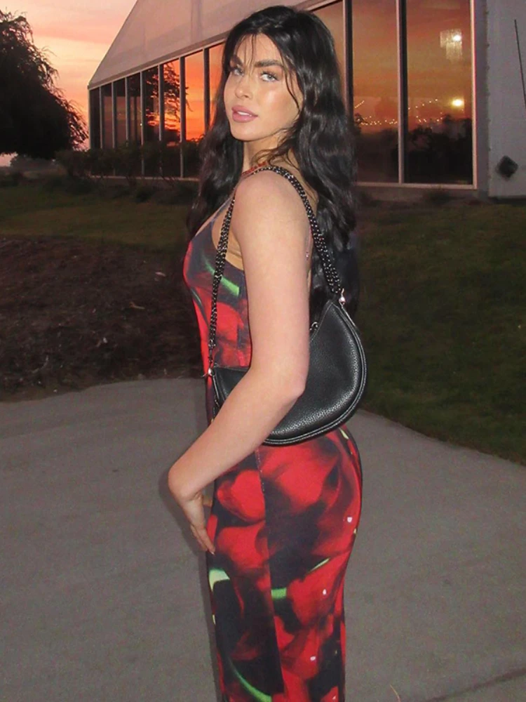 

Sexy Spaghetti Strap Floral Print Red Midi Dresses for Women 2023 Fashion Sleeveless Backless Bodycon Club Beach Party Dress