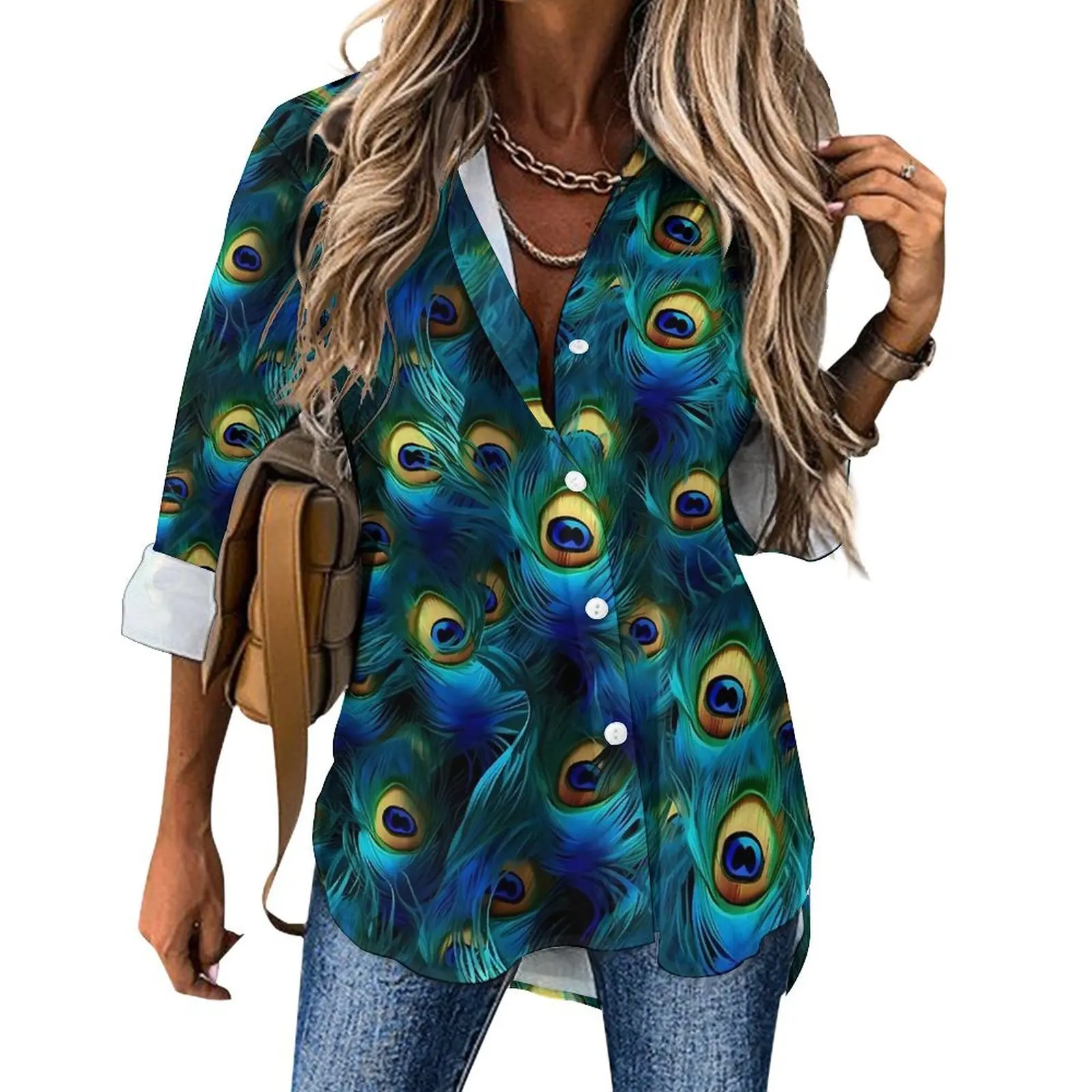 Винтажная повседневная блузка с павлиньими перьями кавайные блузки длинными