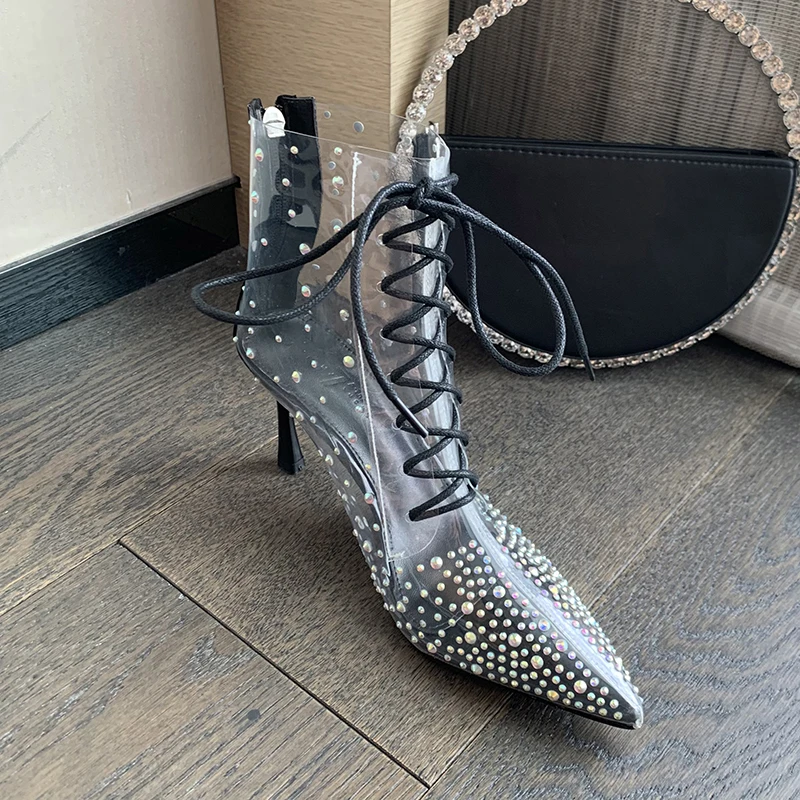 ZOOKERLIN Pointed PVC Rhinestone Zipper Women's Boots Fashion Ankle Boots Black Sexy High Heels Autumn Winter Clear Woman Shoes