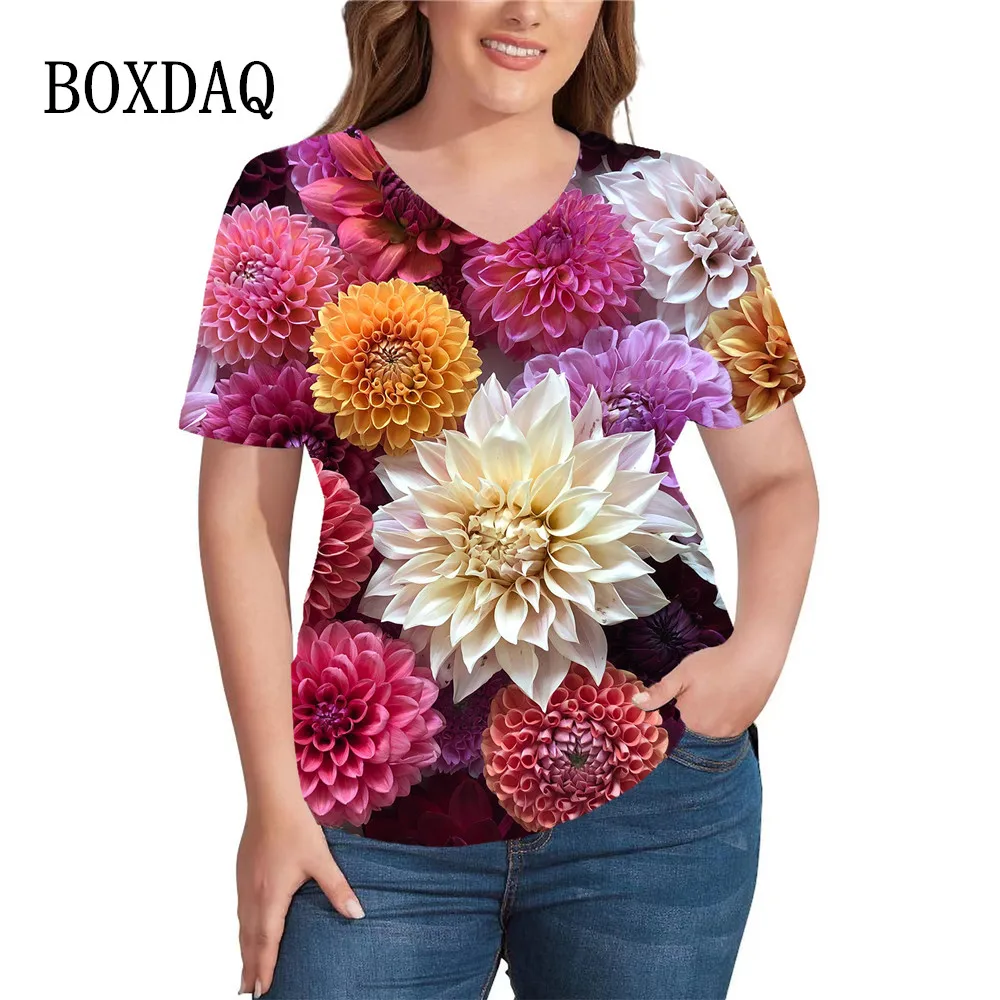 

3D Daisy Floral Print T Shirt For Summer 2023 Women Clothing Oversized Fashion Short Sleeve Tops Casual V-Neck Plant Flowers Tee