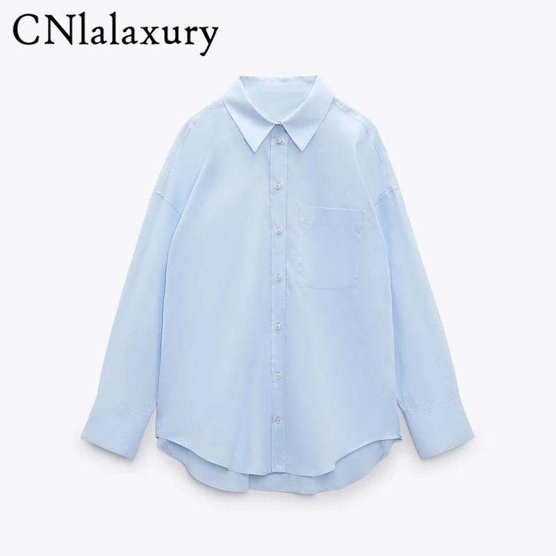 

CNlalaxury Women Autumn Loose Blue Oxford Shirt Long Sleeves Casual Solid Color Single Pocket Chic Blouse Female Commute Top