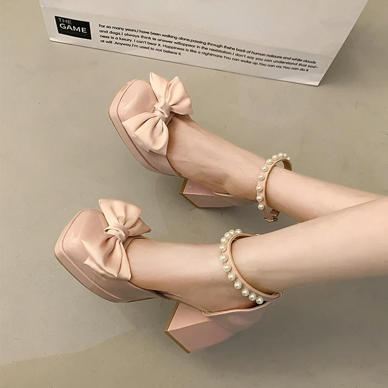 

Pink Bowknot High Heels Platform Pumps Women 2023 Summer Fashion Sweet Square Toe Chunky Sandals Party Wedding Shoes Ladies