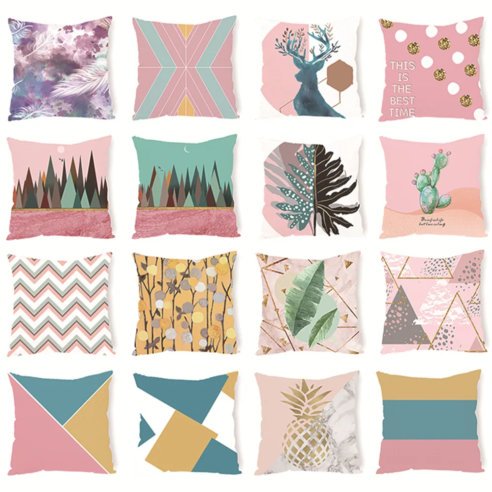 

Pink Geometry Illustration Art Print Cushion Cover Pillowcase Retro Decorative Abstract Flower Letter Pillow Case Ins Home Decor