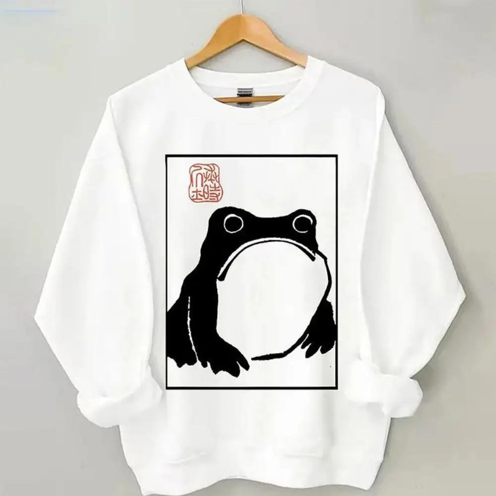 

Round Neck Oversized Sweatshirt Frog Print Long Sleeve Top Streetwear Comstylish Graphic Hoodies High Street Pullove