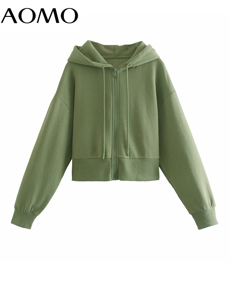 

AOMO Women Green Zipper Crop Hoodie Sweatshirts 2022 Oversize Ladies Pullovers Tops QD135A