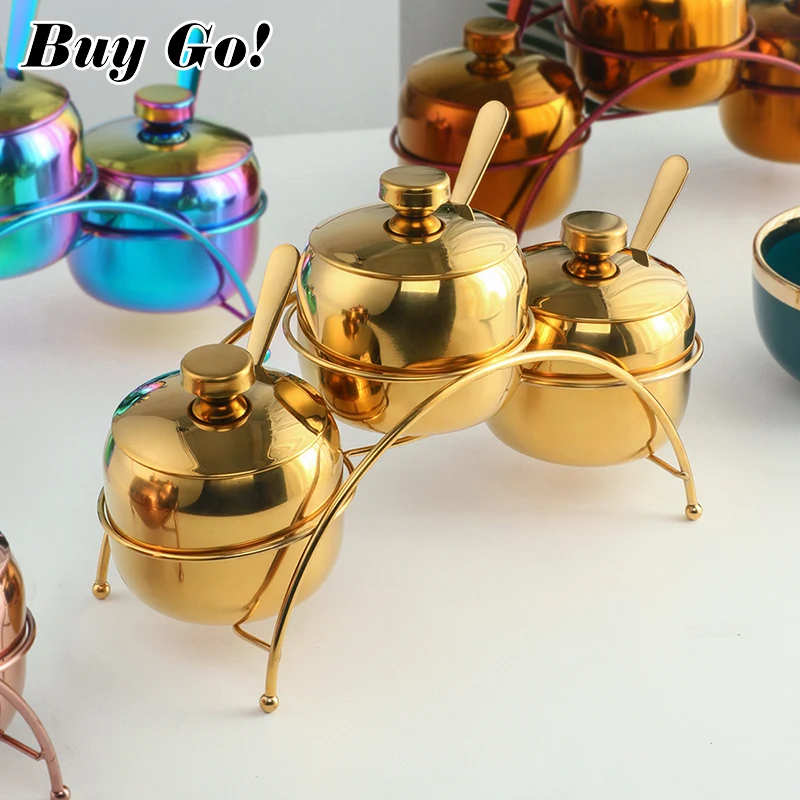 

304 Stainless Steel Gold Seasoning Condiment Pot Set Spice Salt Sugar Container Pepper Jar Tool with Lid and Spoon Holder Rack