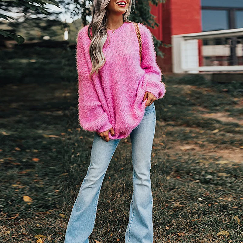 

Autumn and Winter 2021 New Solid Color Sweater Round Neck Long Sleeve Casual Loose Women's Top