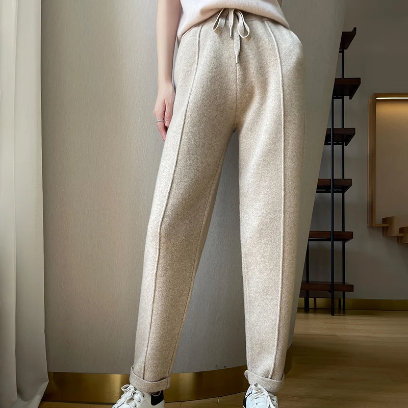 Ladies 100% wool cashmere trousers 2022 new fashion high-end knitted solid color slim fit pure wool pencil pants sell like hot