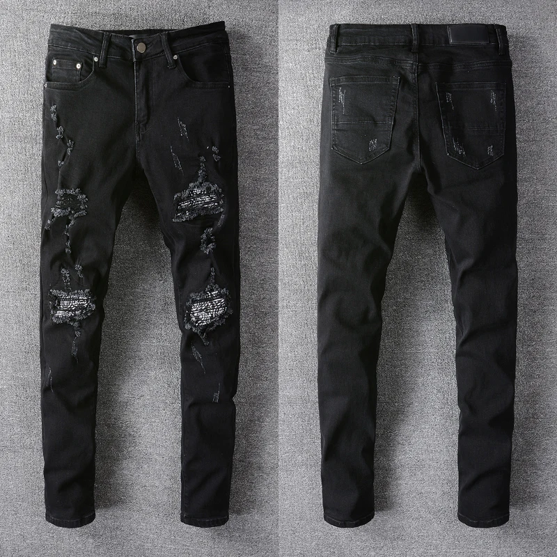 Street Style Fashion Men Jeans Black Stretch Slim Fit Ripped Jeans Men Hole Trousers Patch Designer Brand Hip Hop Pants Hombre