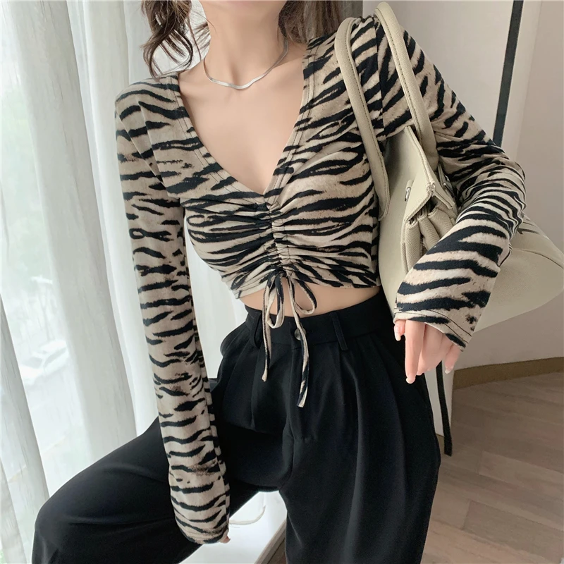 Pure Desire Style Hot Girl High Waist Crop Top Autumn Undershirt Inner Wear Zebra Pattern Long Sleeve T-shirt for Women