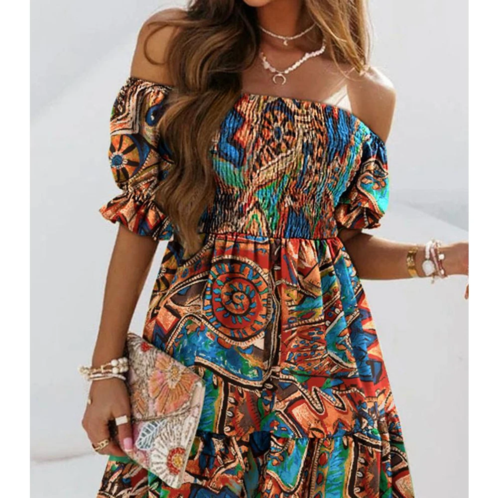 

Женское летнее платье Wepbel с воротником-лодочкой, эластичное платье с высокой талией и коротким рукавом, облегающее платье с открытыми плечами и принтом, большие размеры