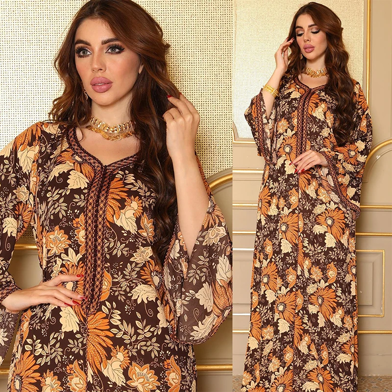 Eid Abaya For Women's 2022 Dubai Printed Long Sleeve Jalabiyat Ramadan Moroccan Caftan Kaftan Turkey Femme Arabic Muslim Clothes