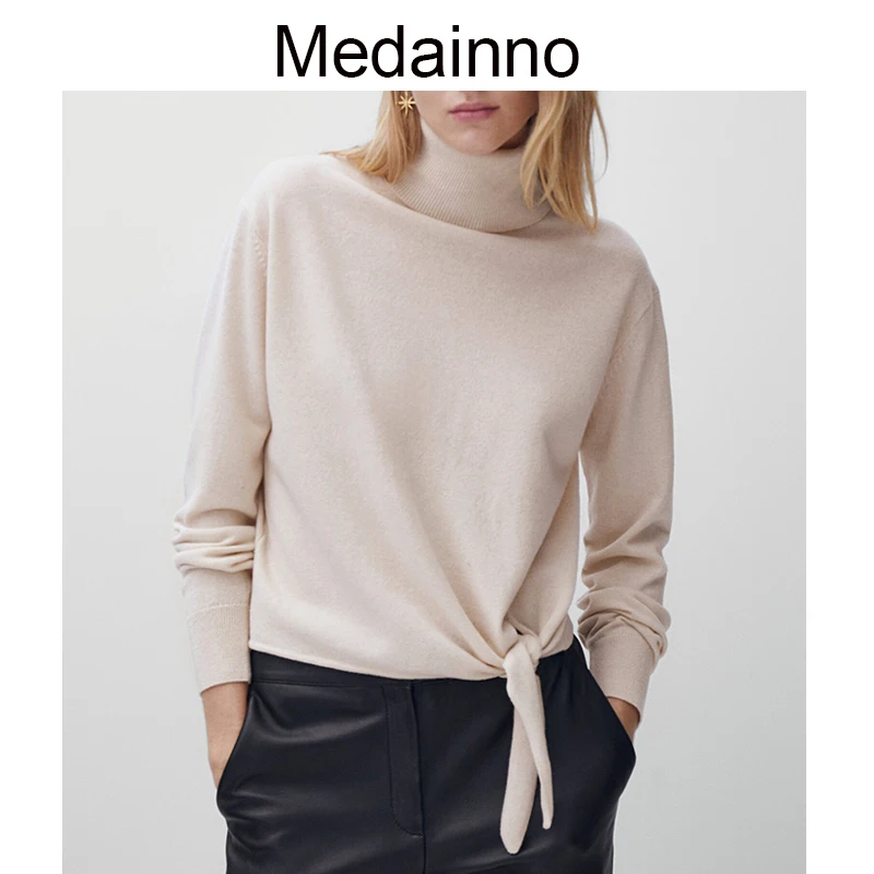 

Medainno 2022 New Autumn Fashion Women Turtleneck Knitted Sweater Knotted Decoration Solid Pullover Casual Simple Tops Female